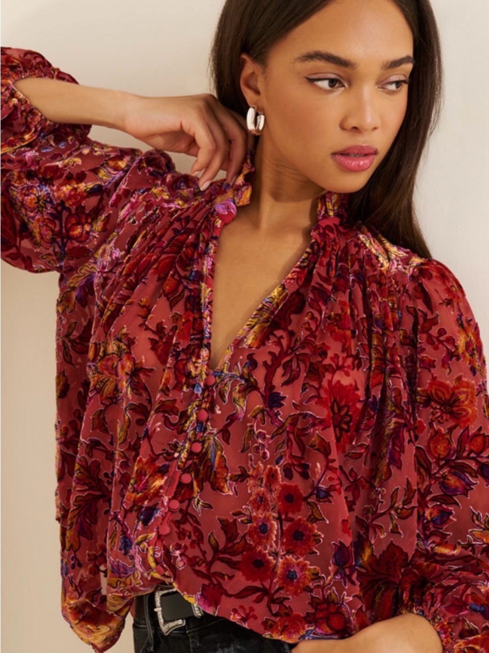 Anthropologie Estela sheered Floral Velvet Burnout Blouse - fall perfect!